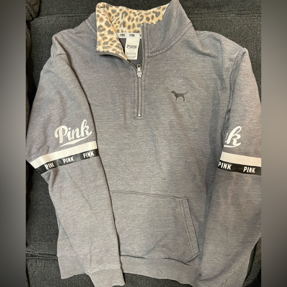 Victoria Secret Pink Pullover- Gray With Leopard Print Accents- small